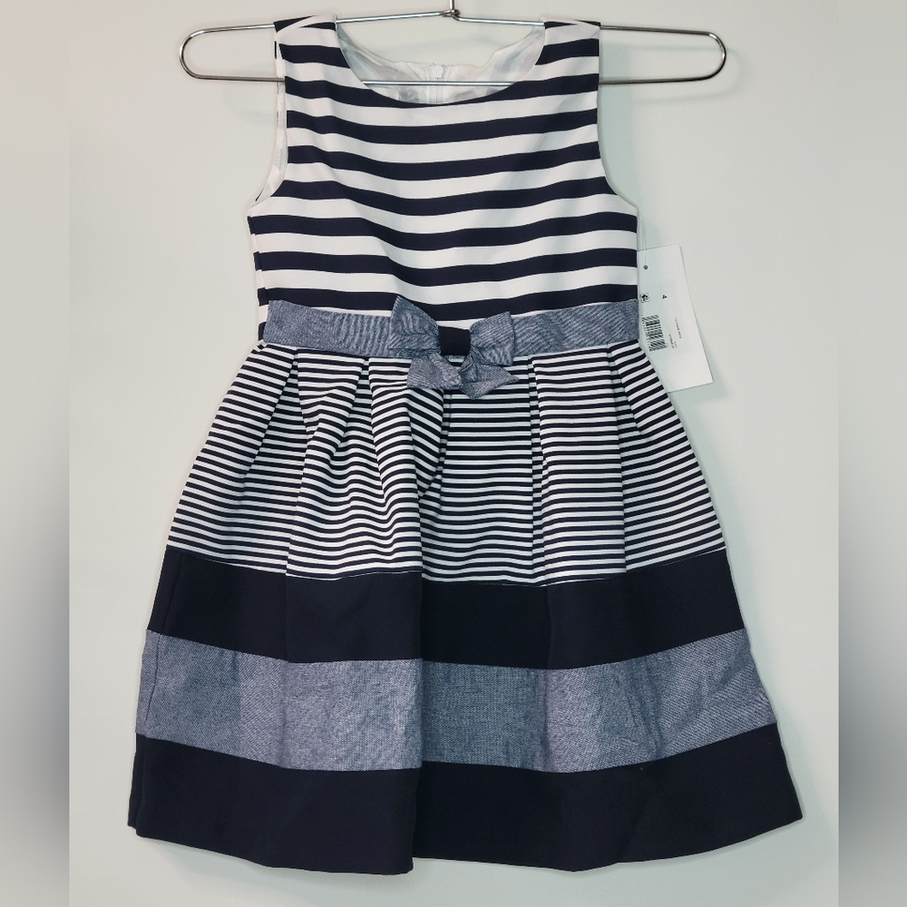 New NWT Bonnie Jean Navy Blue White Chambray Striped Dress Size 4